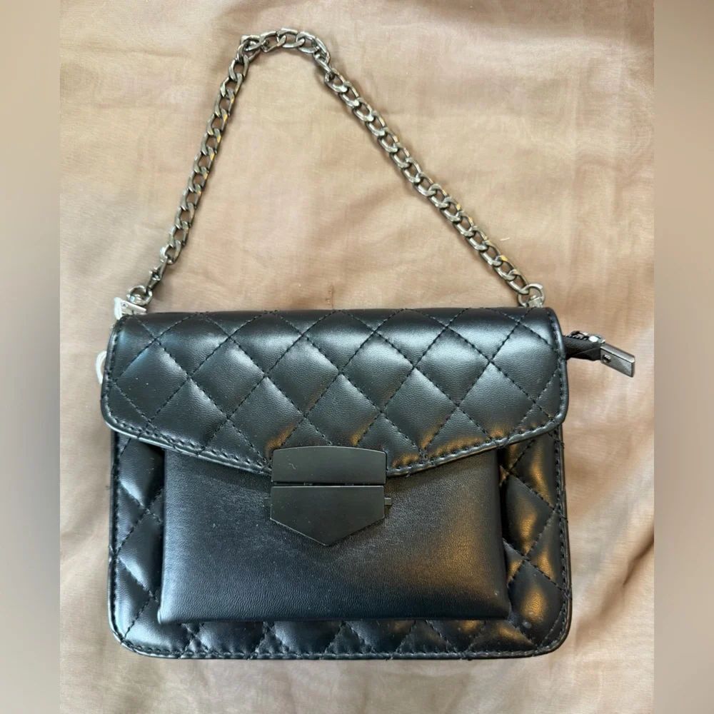 Quilted Black Leatherette Chain Strap Crossbody Bag